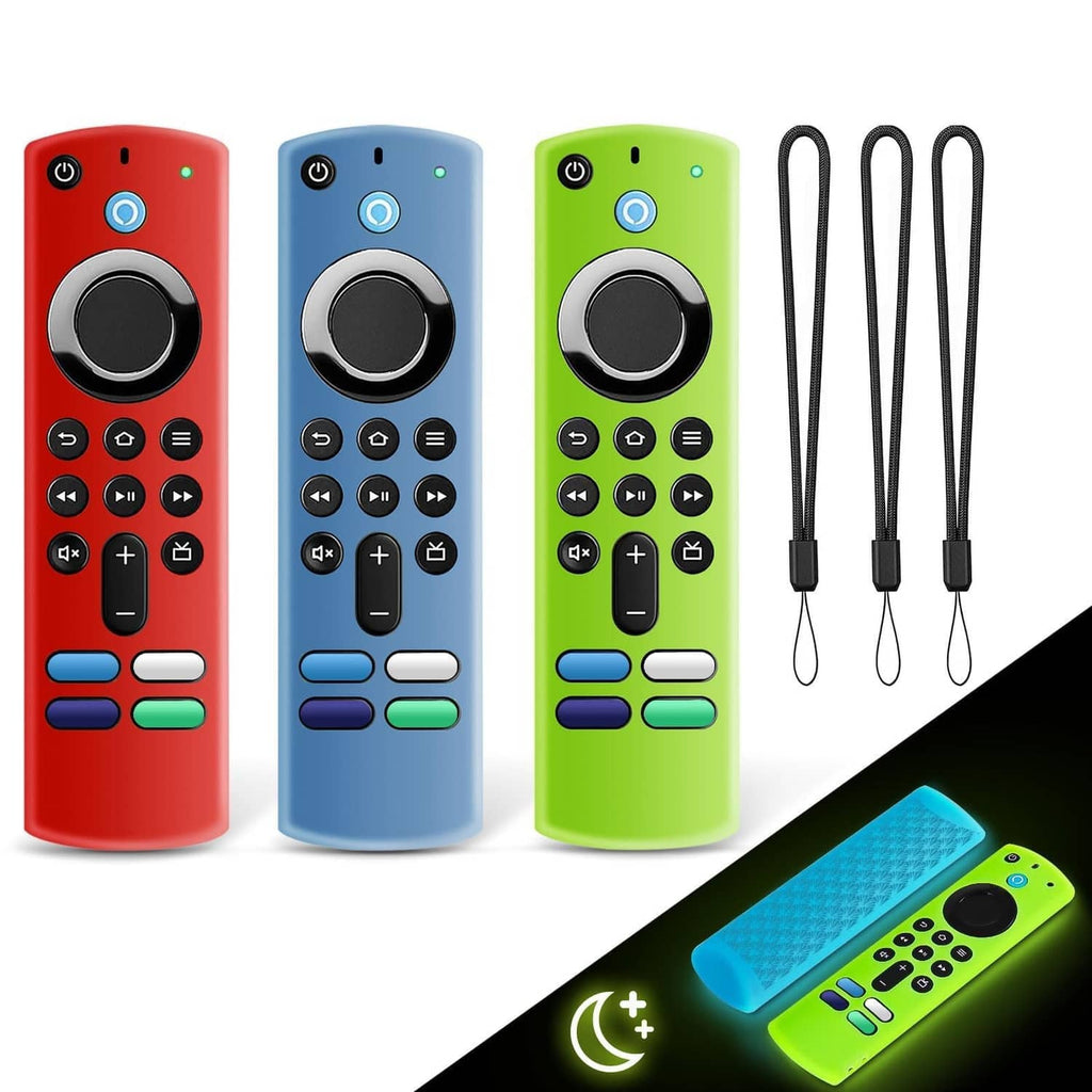 3-pack silicone remote covers with lanyards, red blue green, for Fire Tv stick