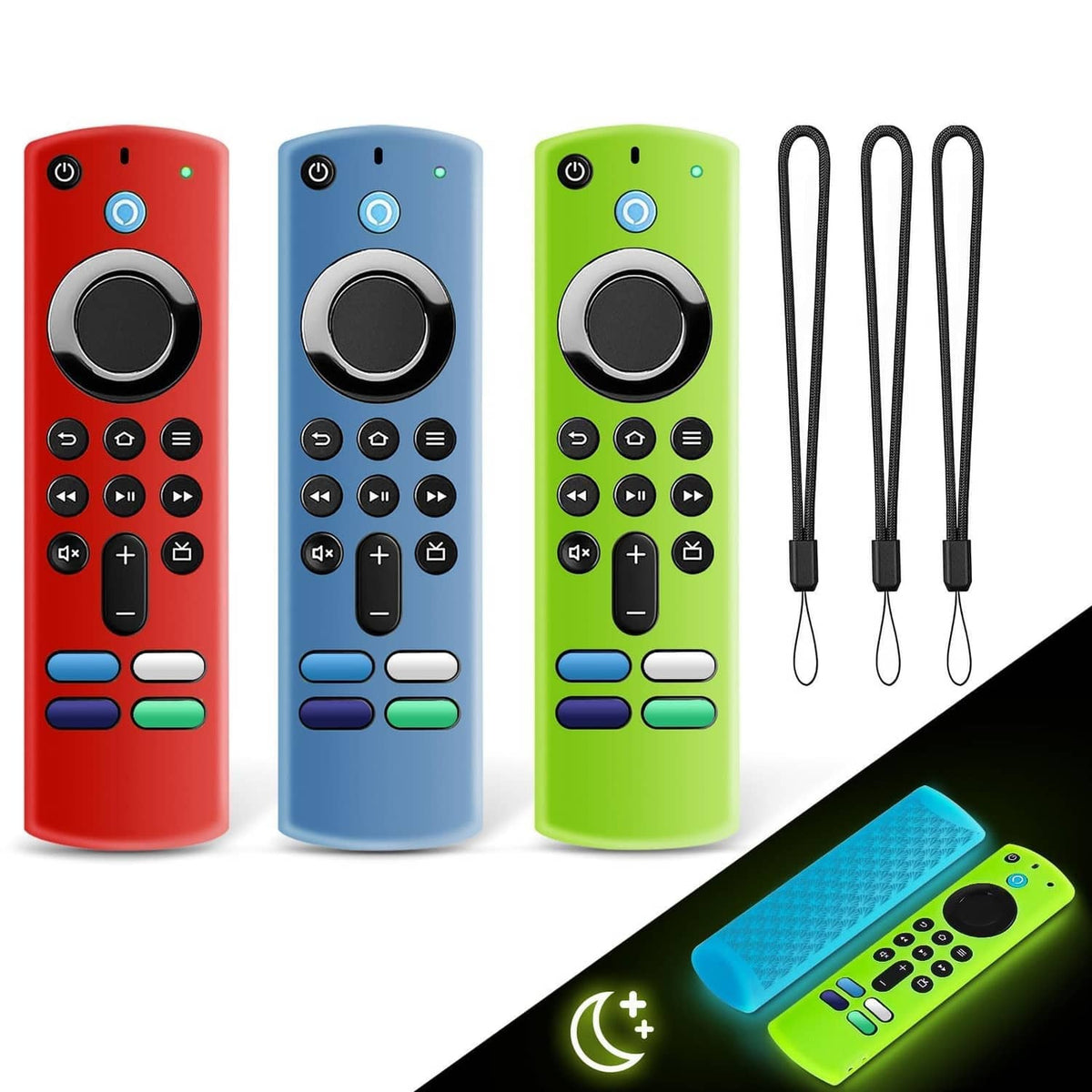 3-pack silicone remote covers with lanyards, red blue green, for Fire Tv stick