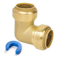 Brass 90-degree push-to-connect elbow fitting with blue plastic disconnect clip