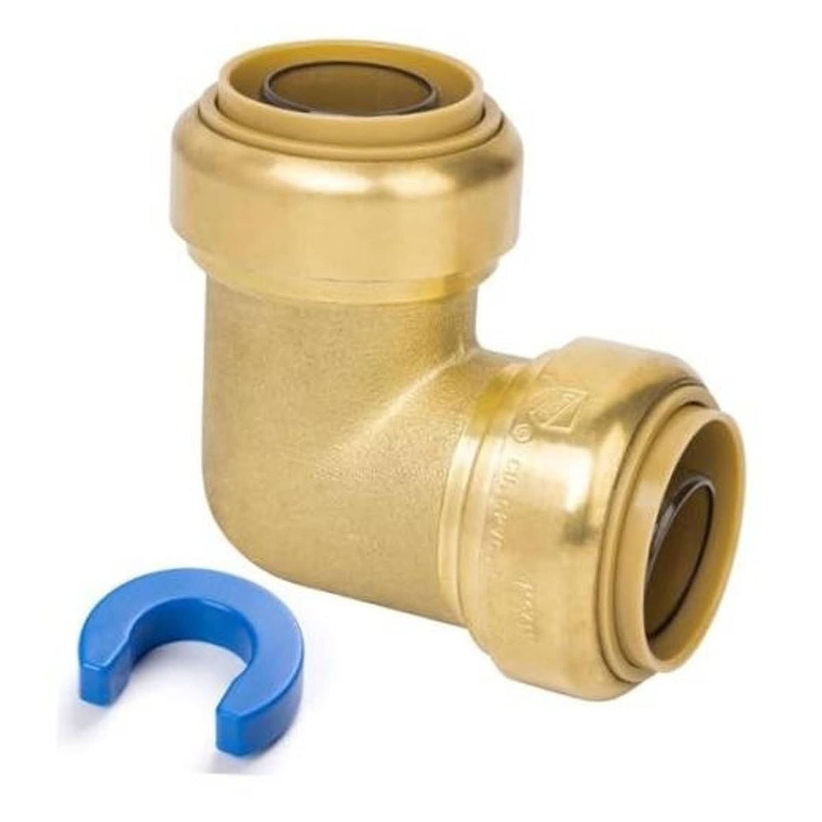 Brass 90-degree push-to-connect elbow fitting with blue plastic disconnect clip