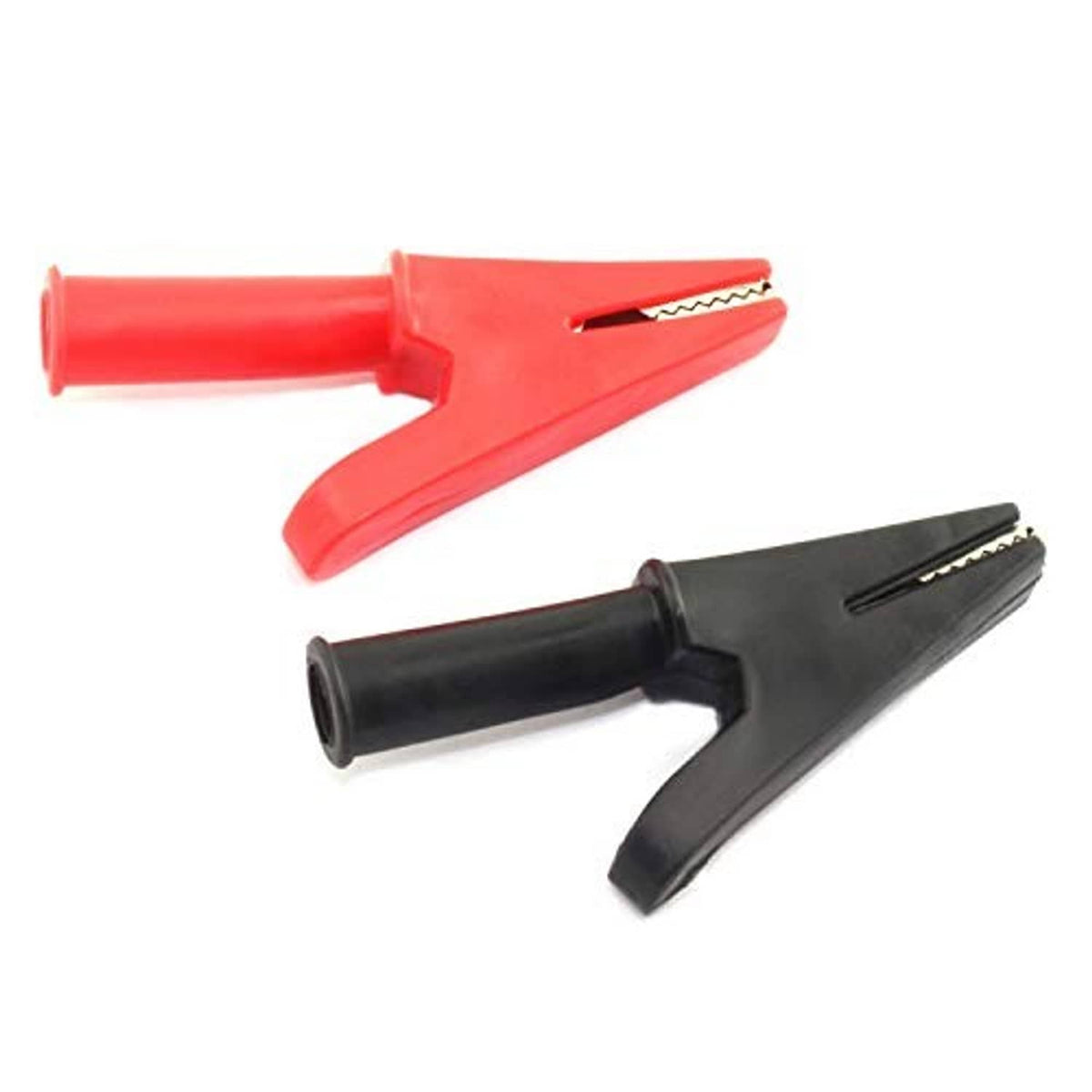 Insulated battery test lead alligator clips: red and black covers with exposed jaw tips