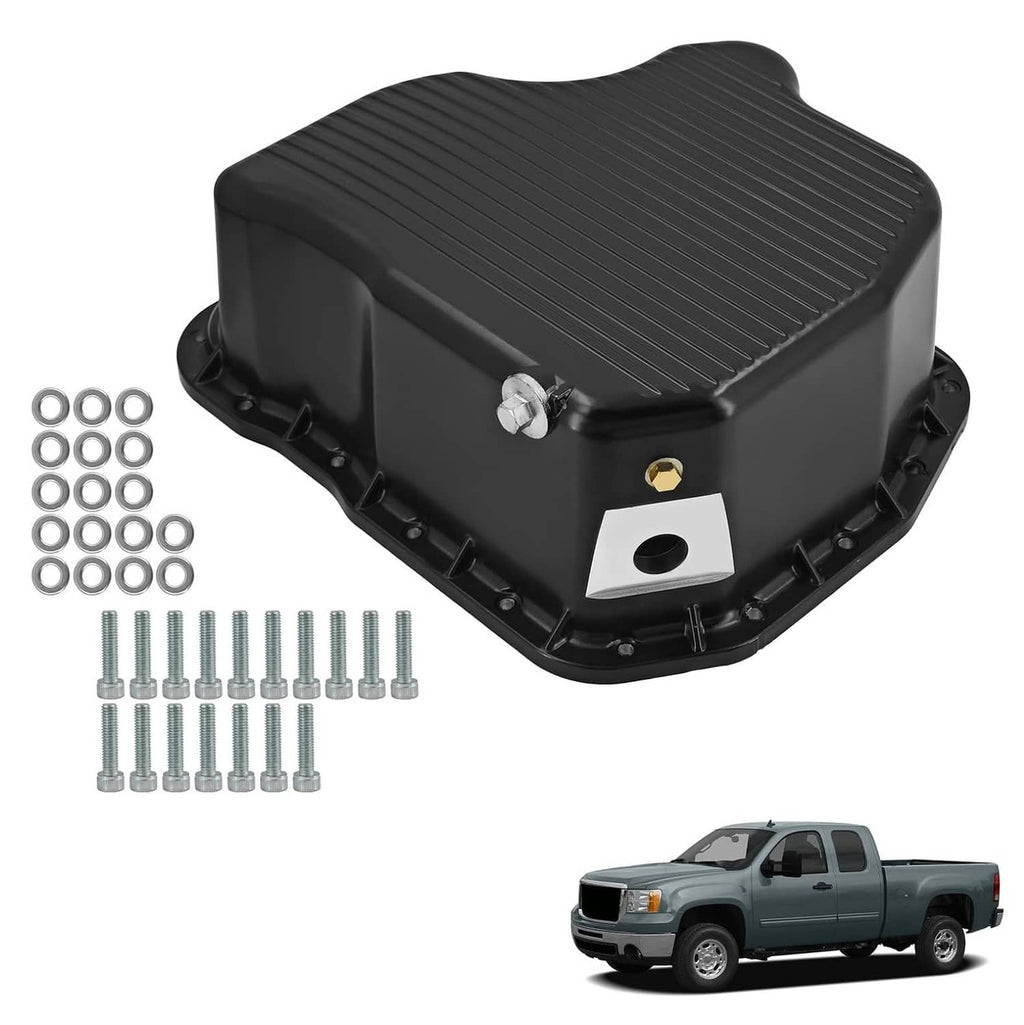 Black deep engine oil pan with ribbed lid and drain plug, replacement part