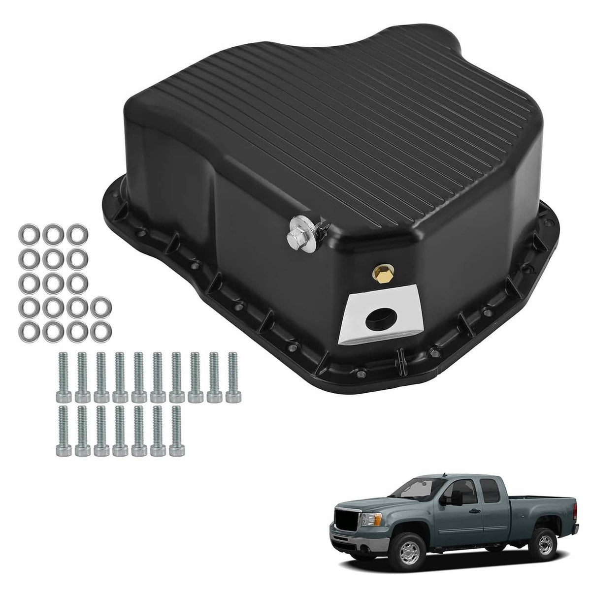 Black deep engine oil pan with ribbed lid and drain plug, replacement part