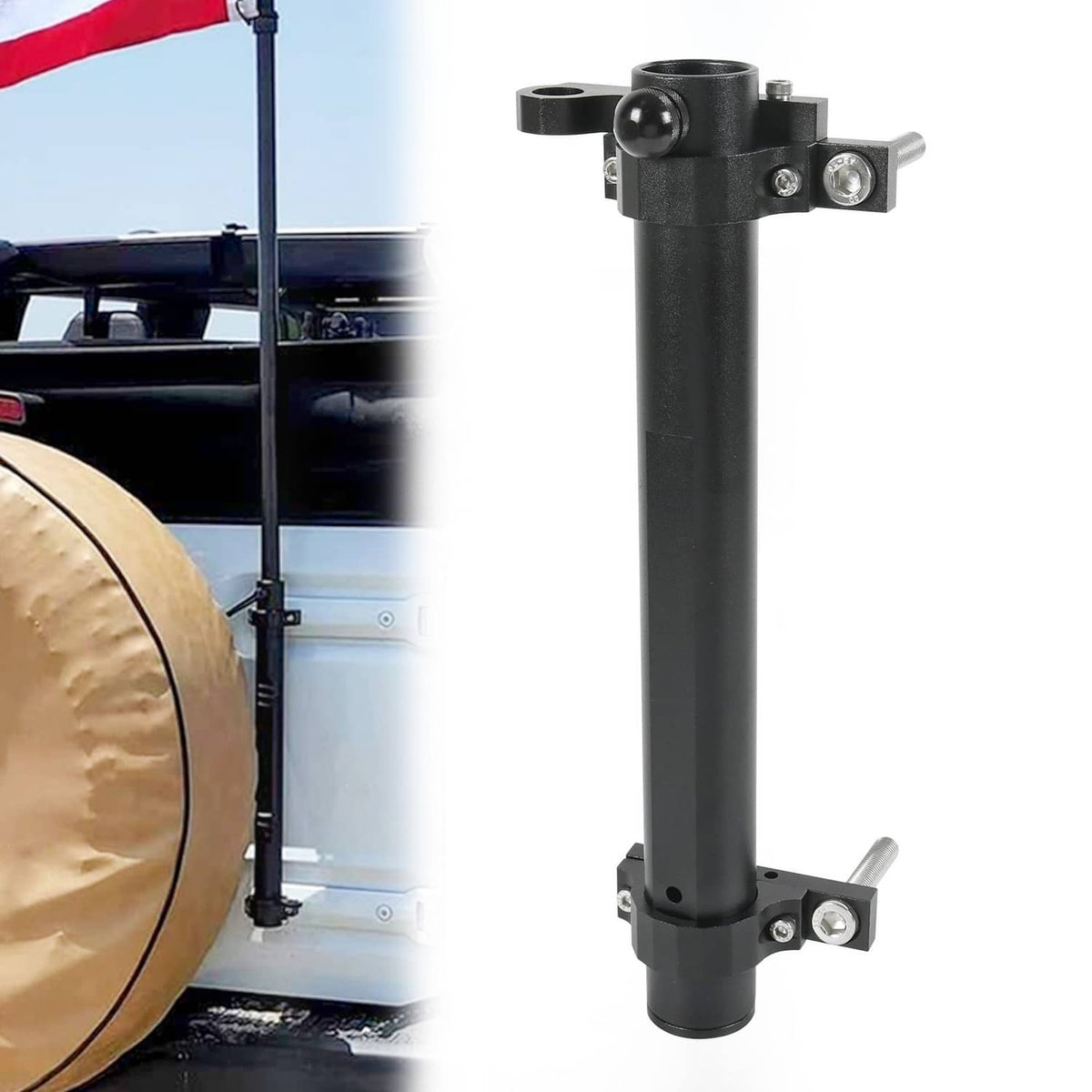 Black tailgate flagpole holder mount with hinged base and threaded pole opening