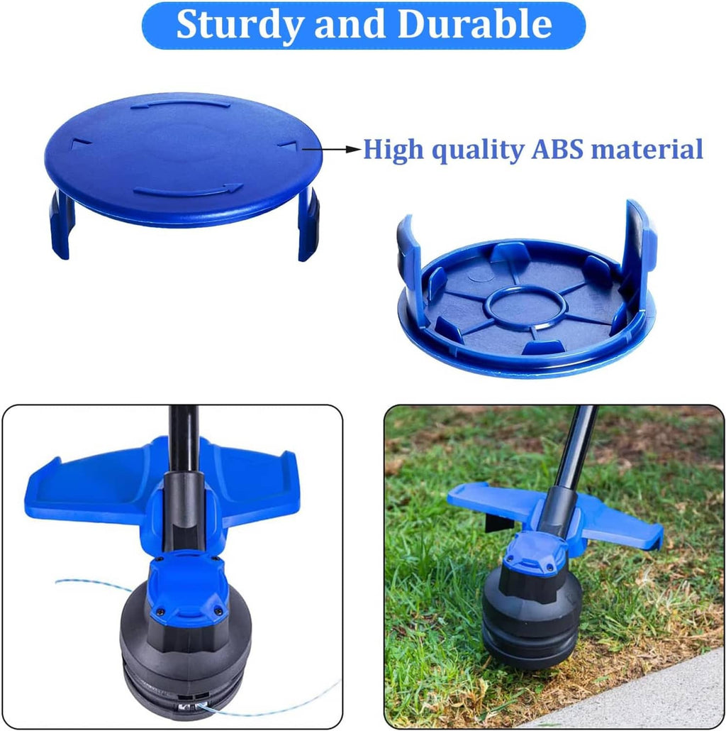 Blue spool cap cover lid and open base with tabbed grips for string trimmer head