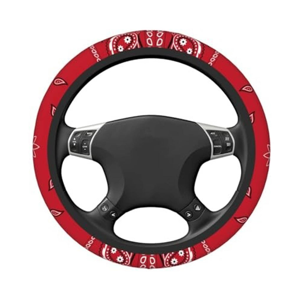 Red steering wheel cover with black border, colorful paisley band, and central spokes