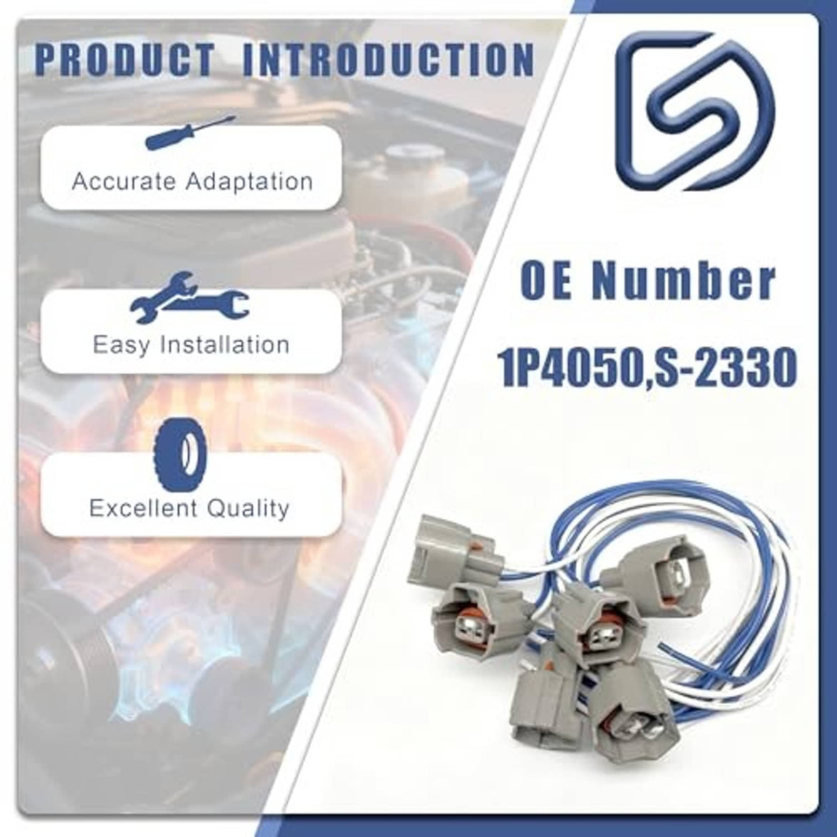 Fuel injector wiring harness set with six gray connector plugs and blue wire leads