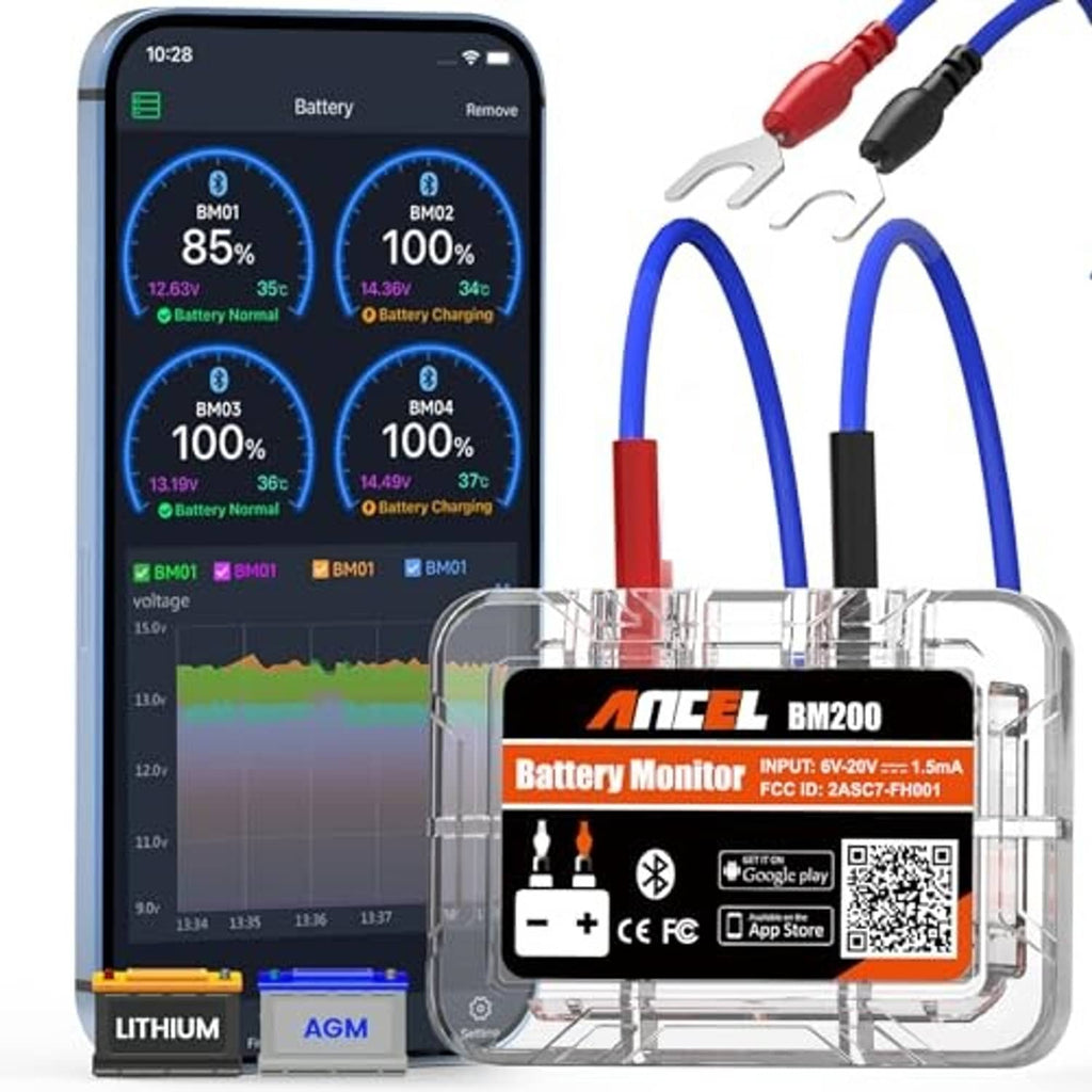 12V battery tester app screen with battery monitor module and red/blue clamp leads