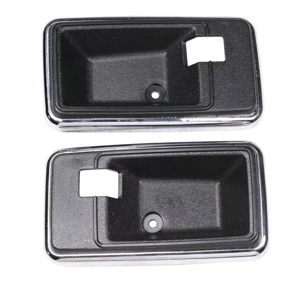 Black interior door handle bezel cups with chrome trim, two-piece set with latch cutouts
