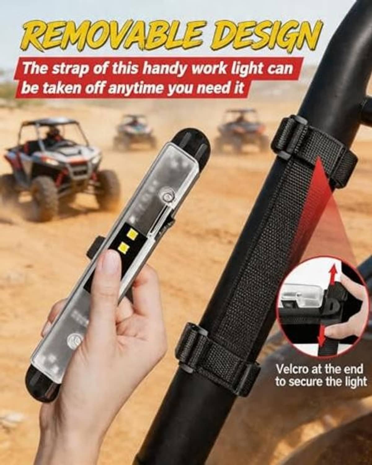 Handheld LED light bar with detachable strap and clear cover with yellow LEDs