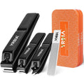Black nail clipper set with textured handles and glass file packaged in orange case