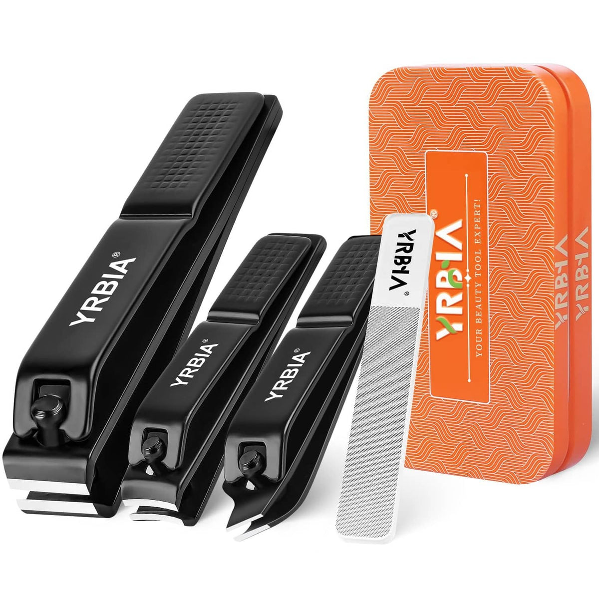 Black nail clipper set with textured handles and glass file packaged in orange case