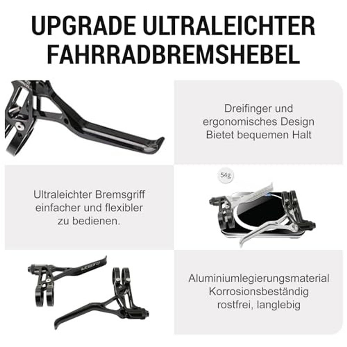 Ultralight bicycle brake lever pair with long ergonomic lever handles, black alloy