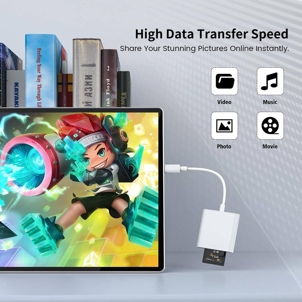 White USB-C SD card reader connected to a display with microSD and SD cards inserted