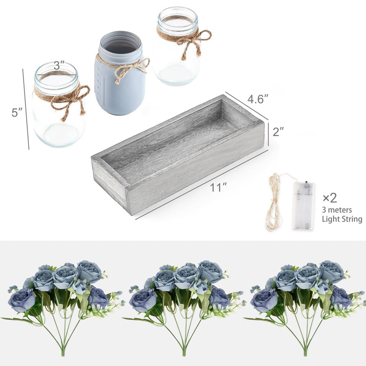 Mason jar centerpiece set: grey-blue jars, wooden tray, light string, and flower stems