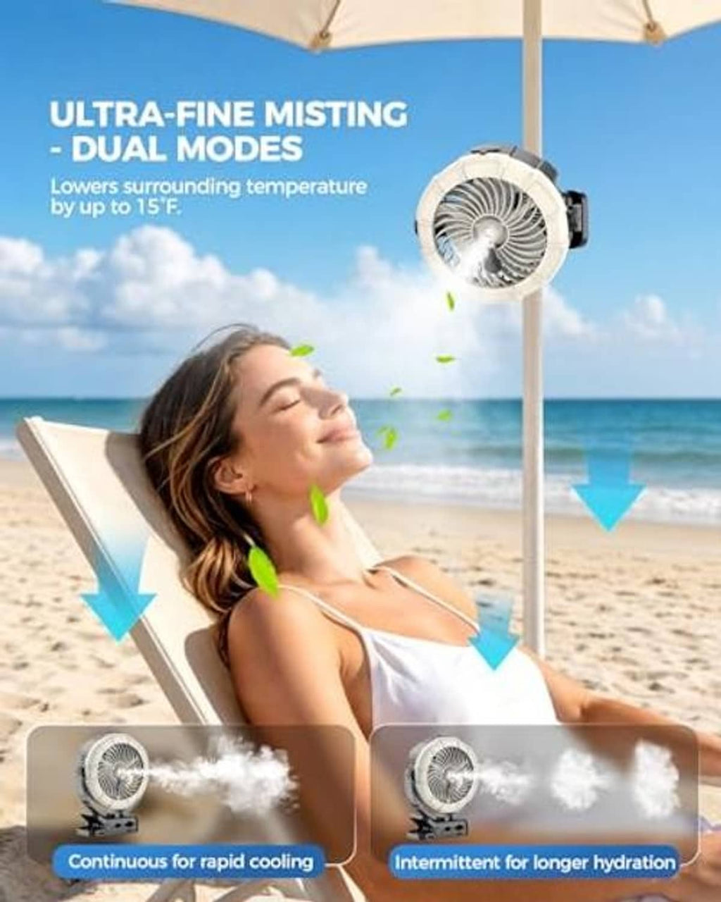 White mist fan with water mist spray effect, hanging pole-style mount