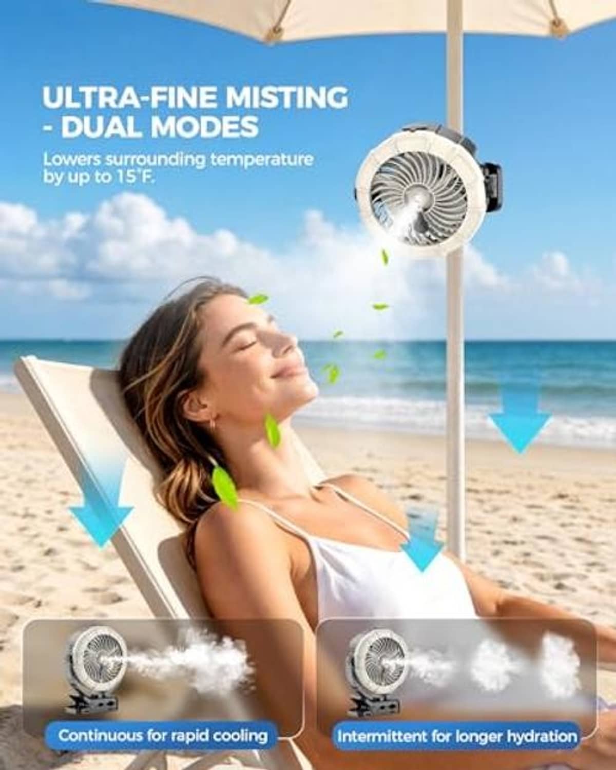 White mist fan with water mist spray effect, hanging pole-style mount