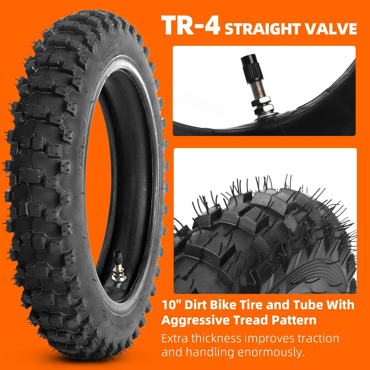 Knobby off-road tire with TR-4 straight valve and inner tube, black tread