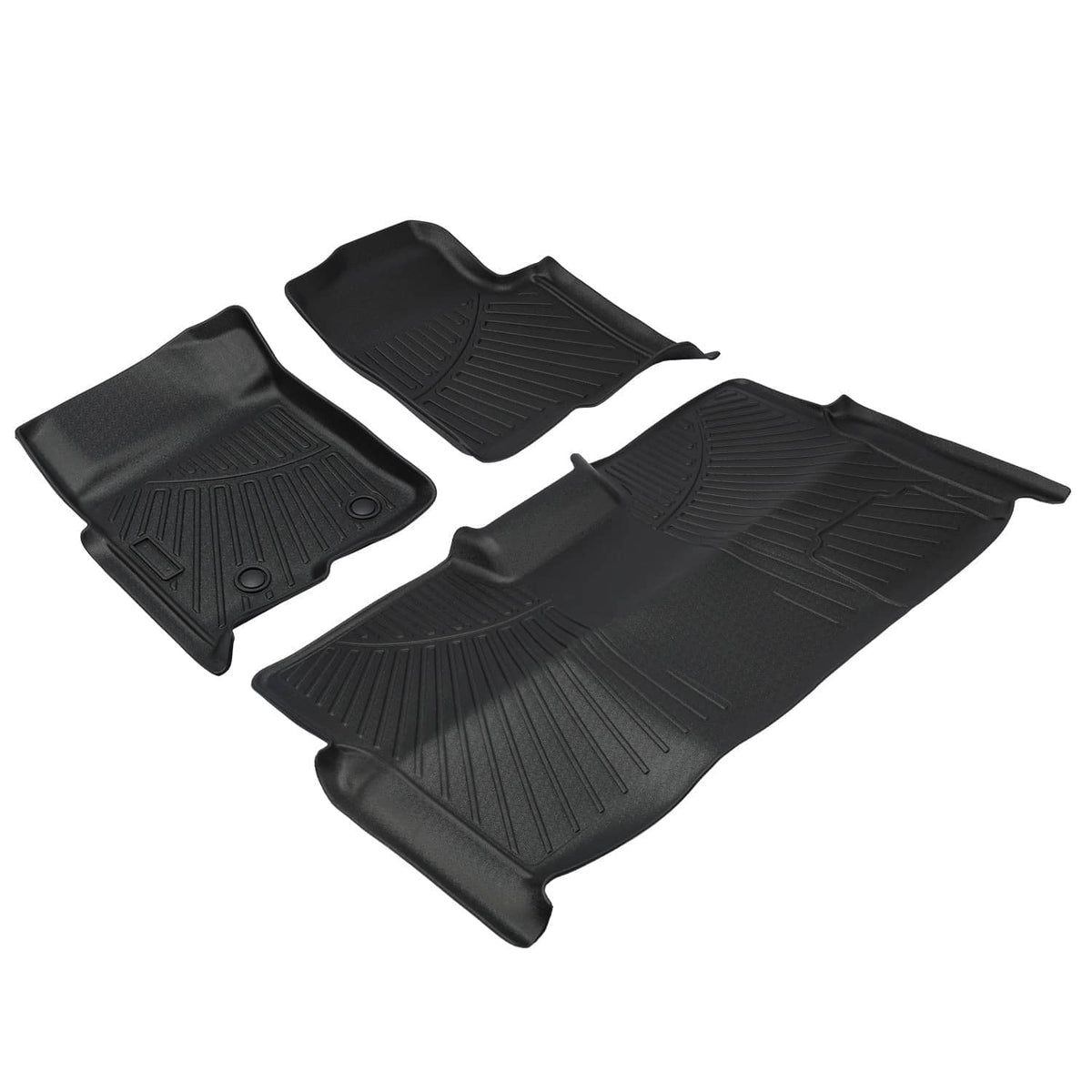 Black molded floor mat set with two front mats and one rear mat, angled for full coverage.
