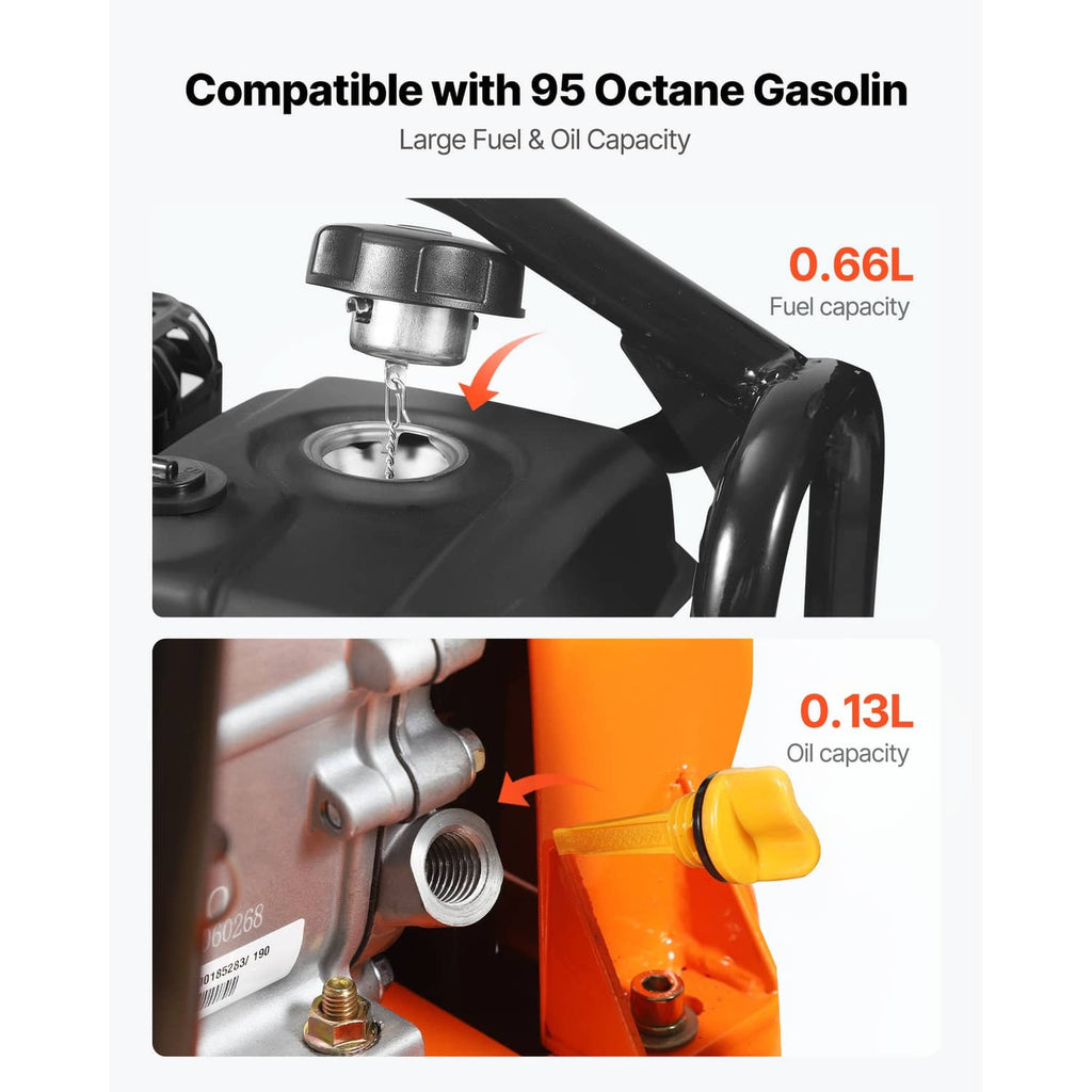 Plate compactor fuel and oil fill caps shown on black engine housing