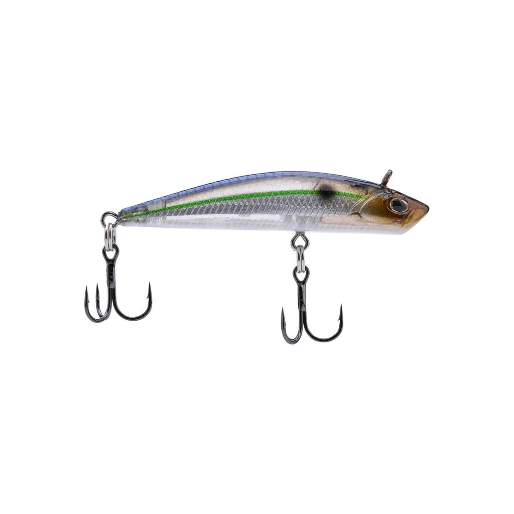 Blue smelt fishing crankbait lure with front and rear treble hooks and baitfish eye