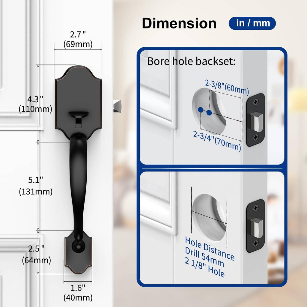 Oil-rubbed bronze front door handle without lock, backset and hole measurements