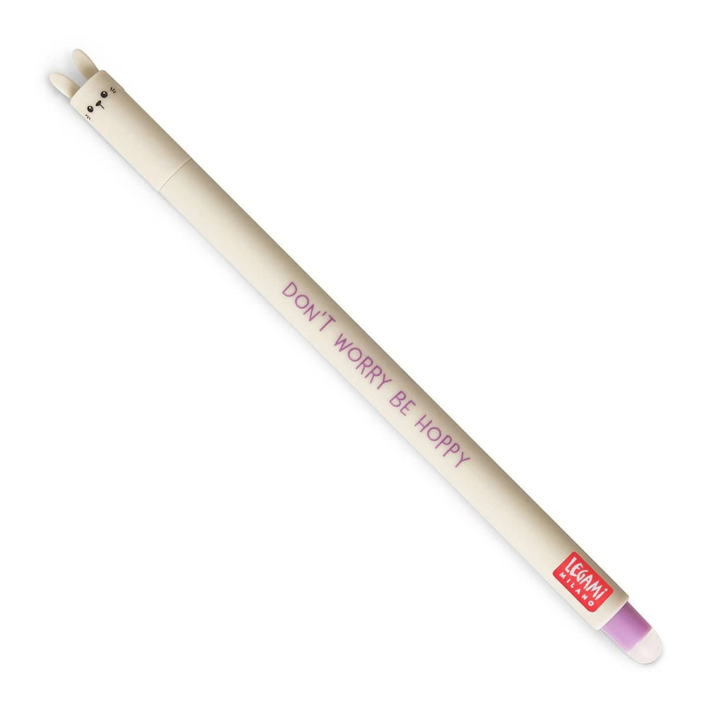 Legami rabbit gel pen, beige barrel with purple tip and 'DON'T WORRY BE HOPPY' text