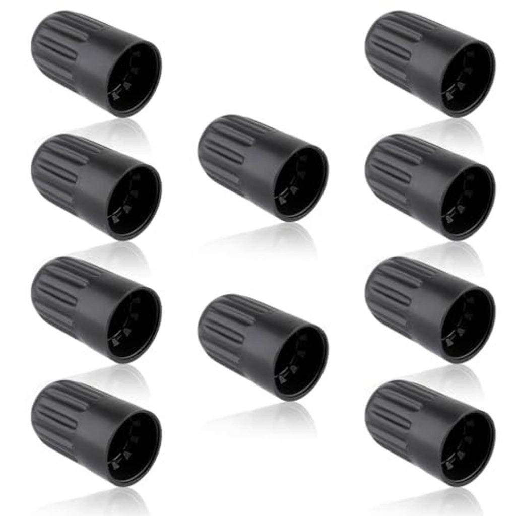Black plastic valve stem cap set, ridged end caps shown in group
