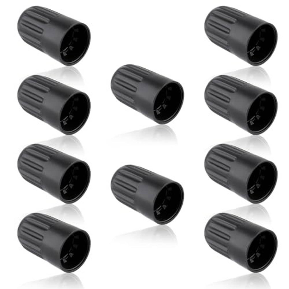 Black plastic valve stem cap set, ridged end caps shown in group