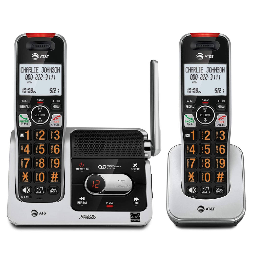 Silver and black AT&T cordless phone base with two handsets, red call indicator