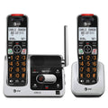 Silver and black AT&T cordless phone base with two handsets, red call indicator