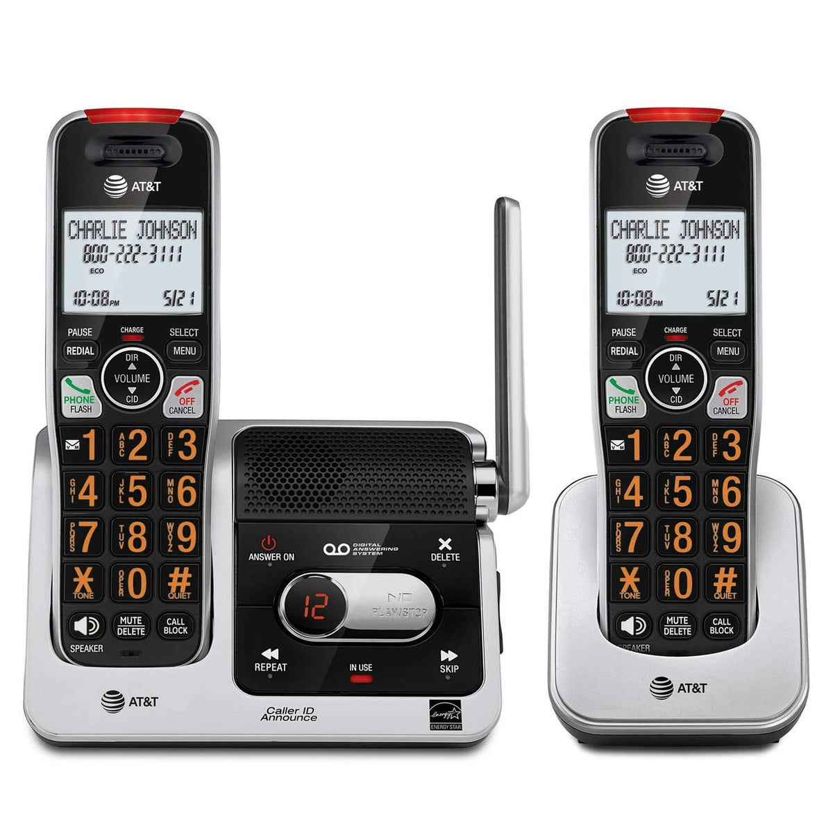 Silver and black AT&T cordless phone base with two handsets, red call indicator