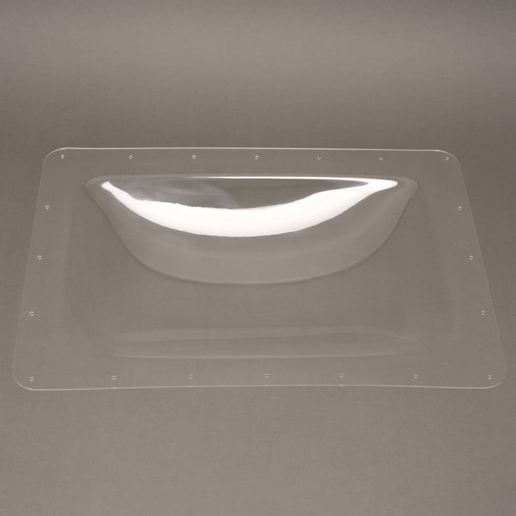 Clear plastic RV skylight cover on roof, rectangular panel with raised dome window