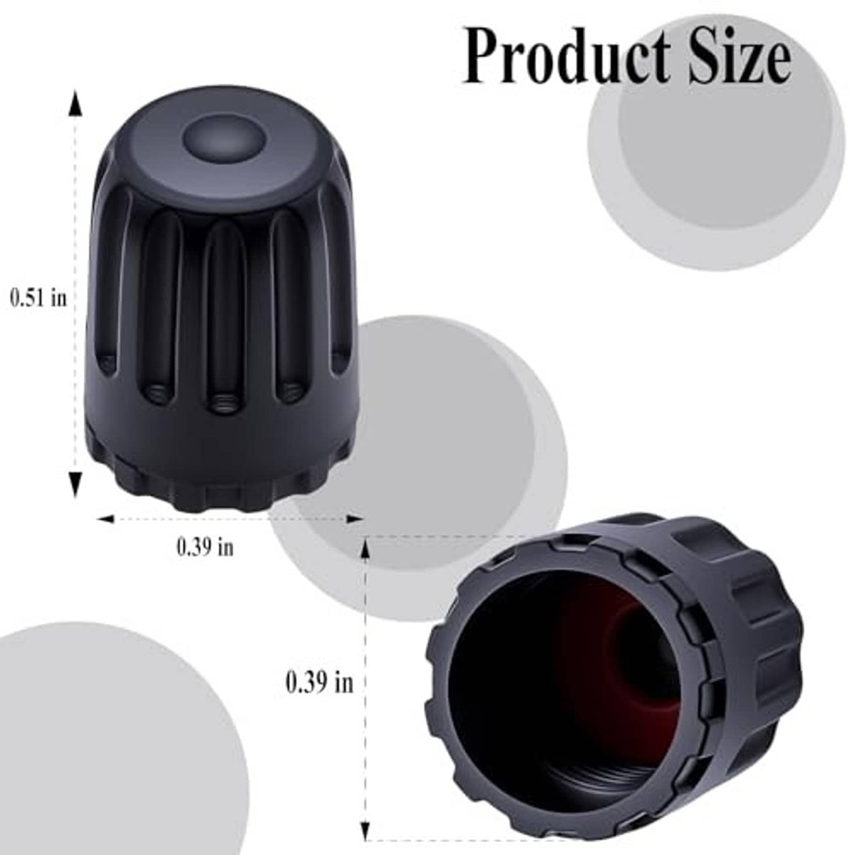 Black plastic TPMS valve stem cap with rounded top and ribbed sides, shown open end