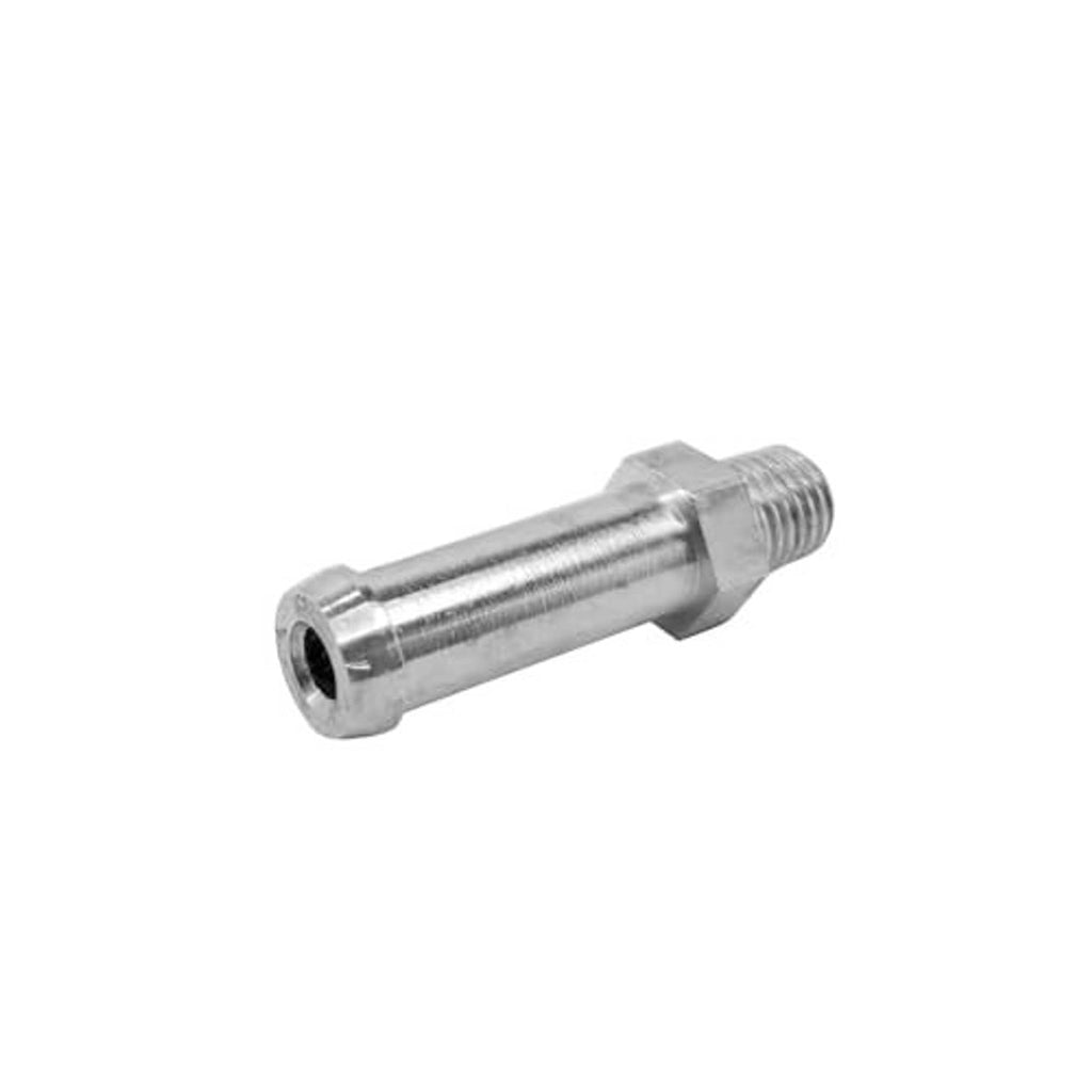 Aluminum hose barb nipple fitting with 1/16 NPT threads, side view