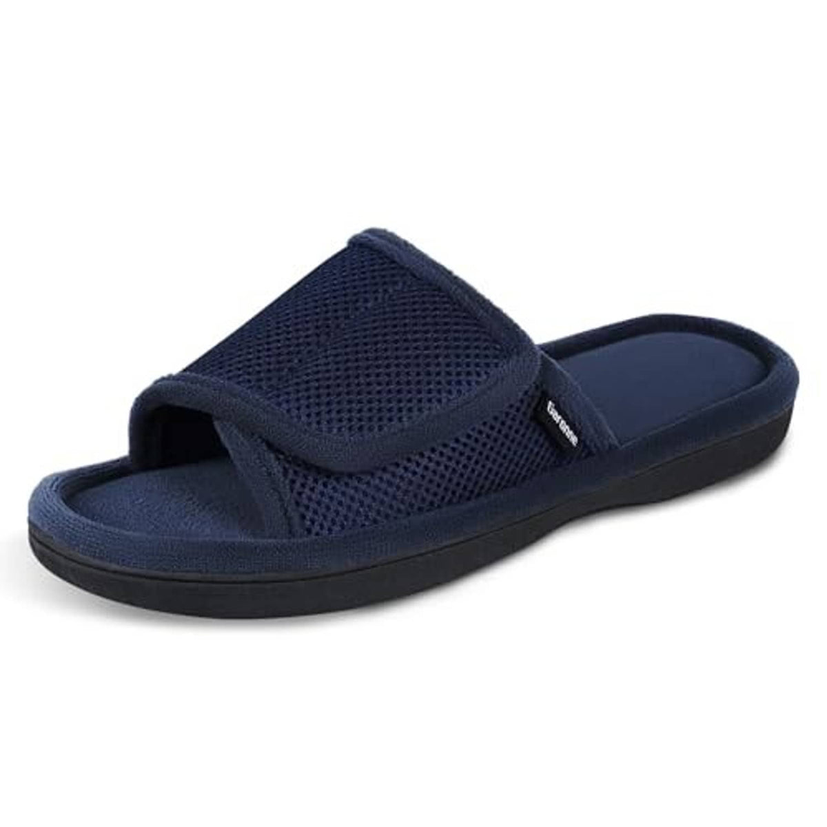 Navy open-toe slide slippers with hook-and-loop wrap strap