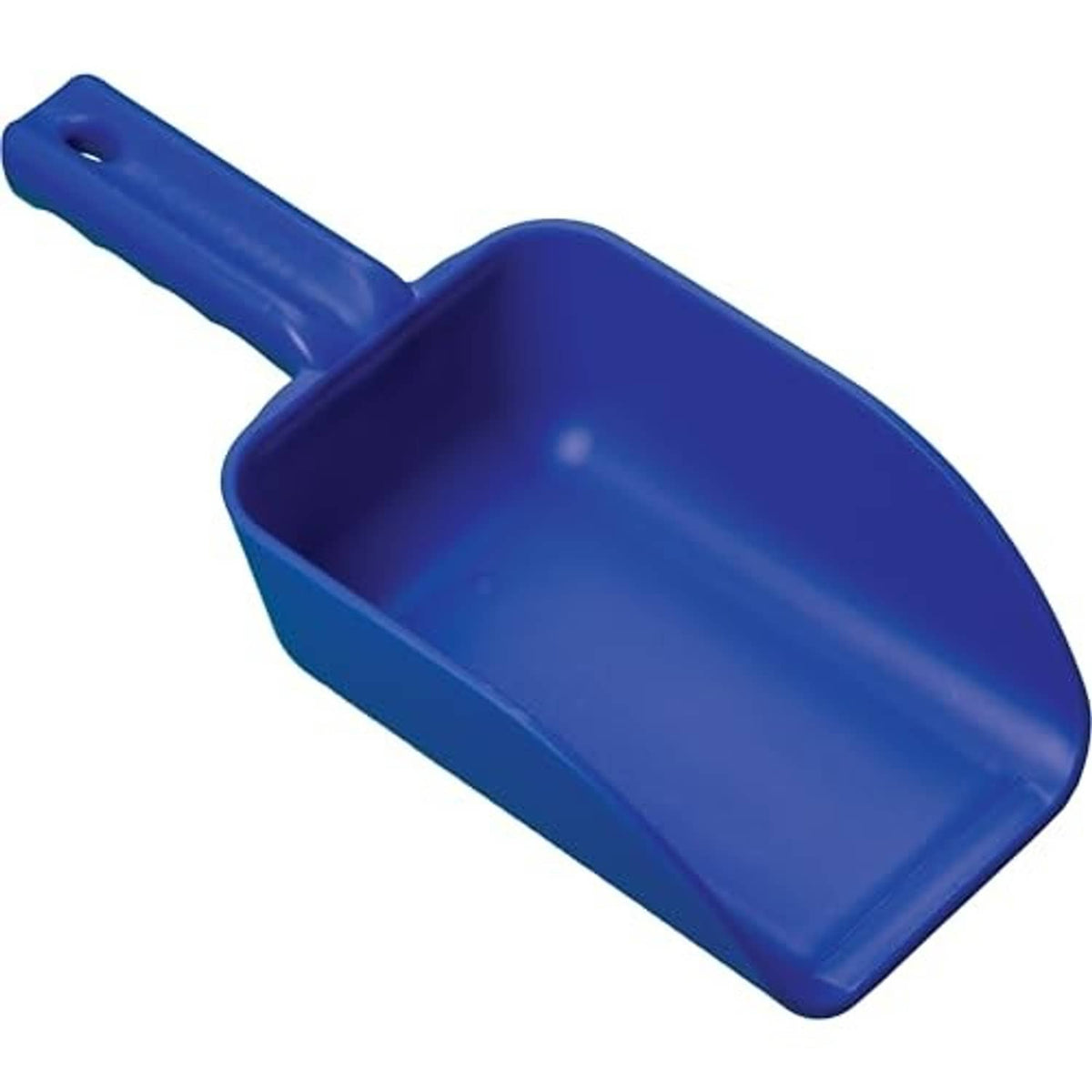 Blue plastic 32 oz scoop shovel with long handle and rectangular bowl