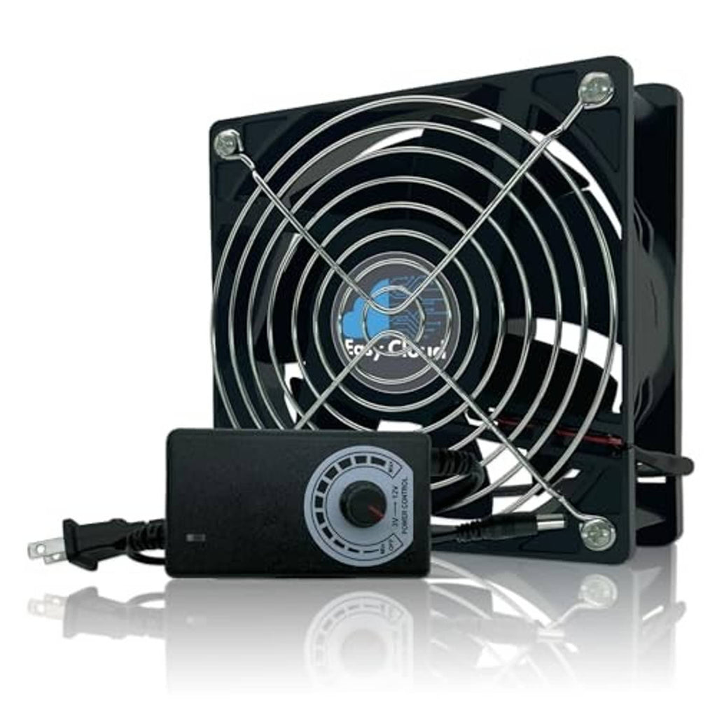 Black 120mm computer axial fan with metal grill and 3V-12V speed controller