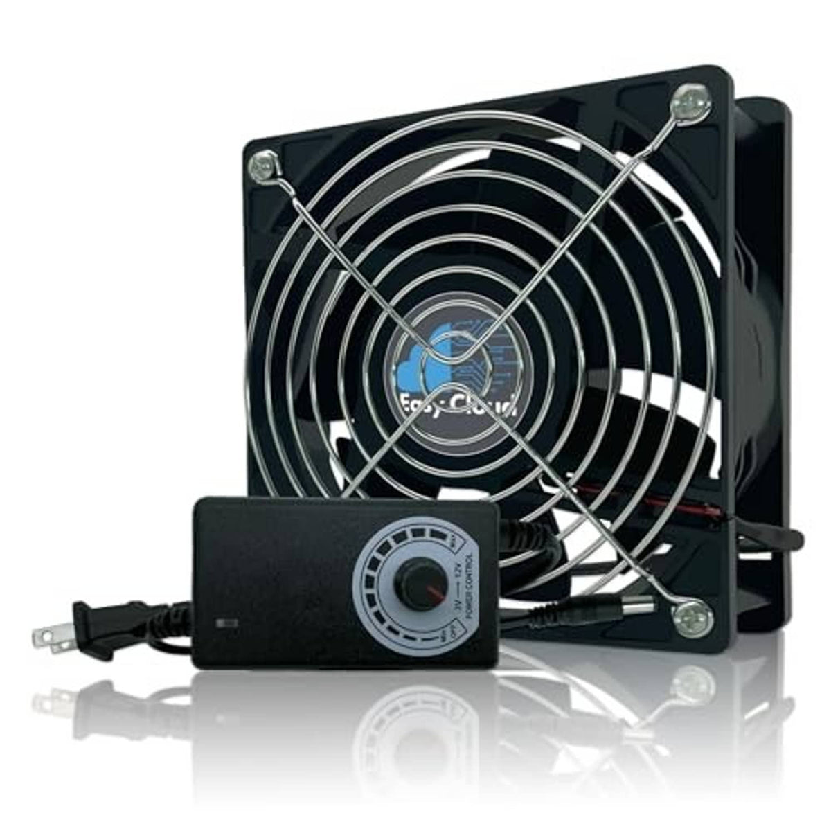 Black 120mm computer axial fan with metal grill and 3V-12V speed controller