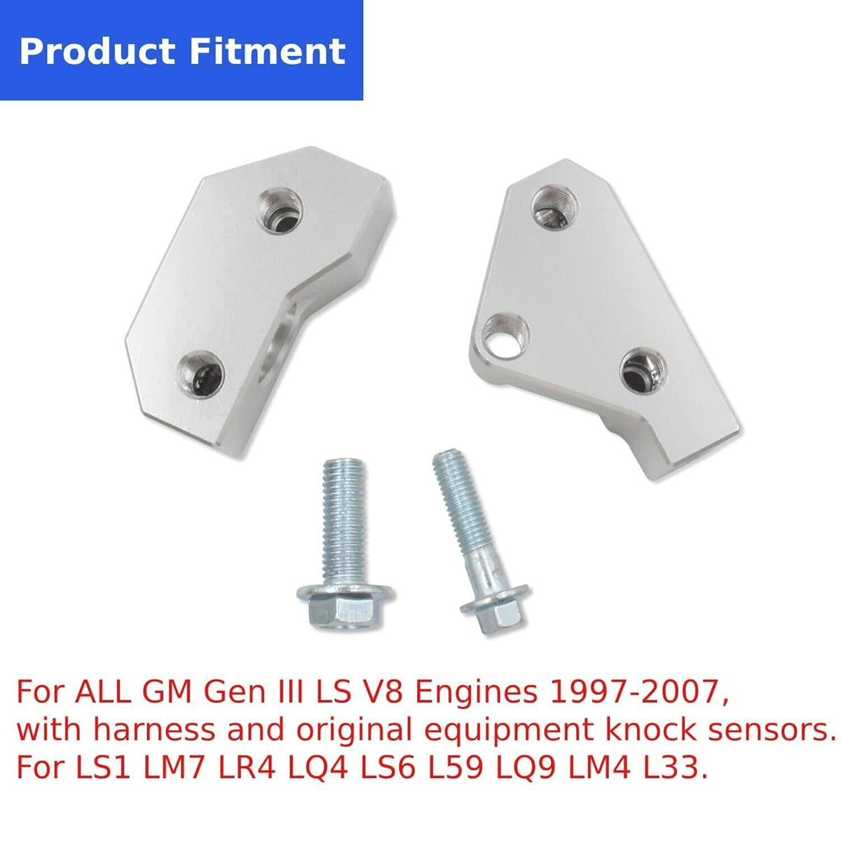 Knock sensor relocation bracket kit, two silver brackets and two mounting screws