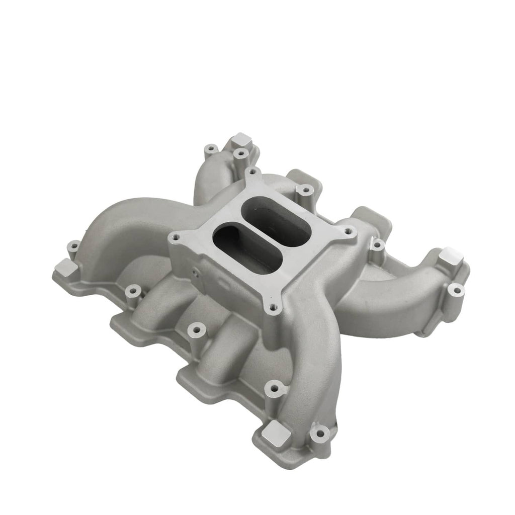 Gray dual plane intake manifold with cathedral port openings and side mounting bosses