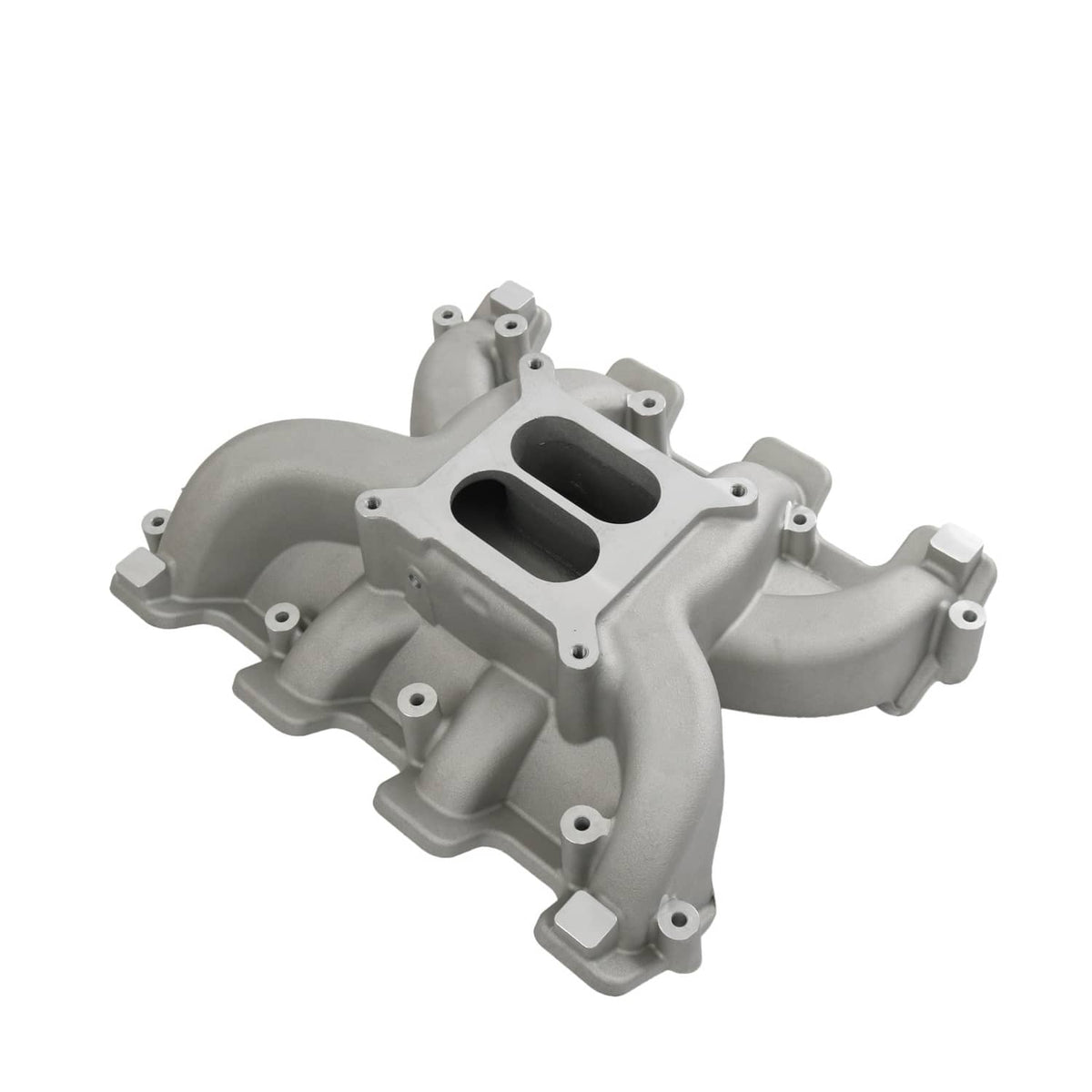 Gray dual plane intake manifold with cathedral port openings and side mounting bosses