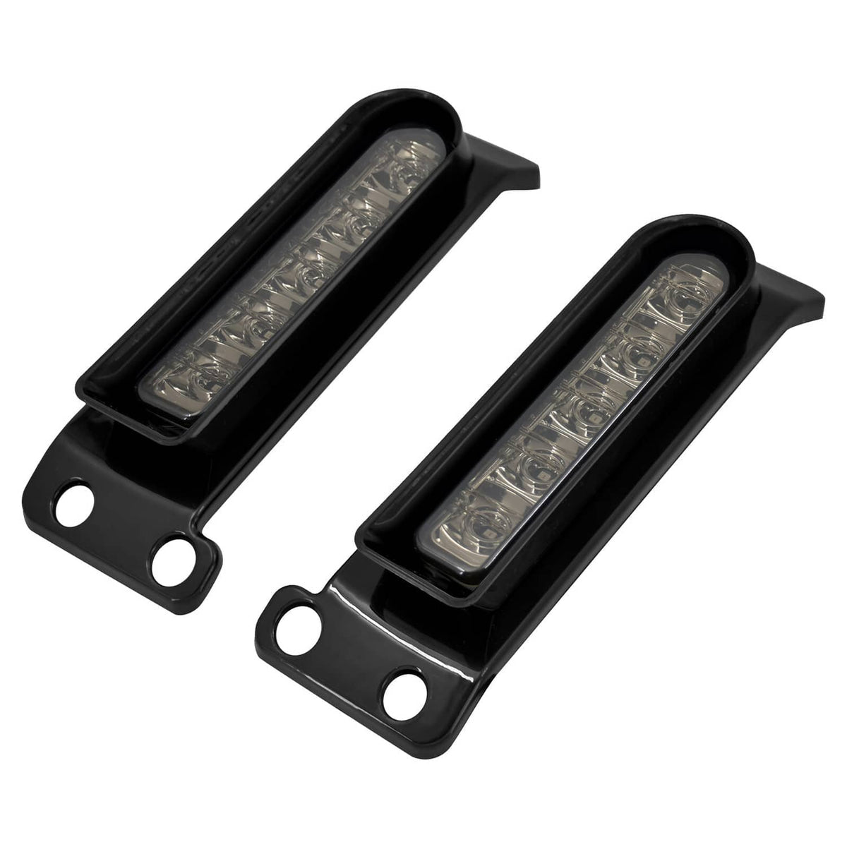 Side-by-side view of black LED saddlebag filler lights with clear lens bars (pair).