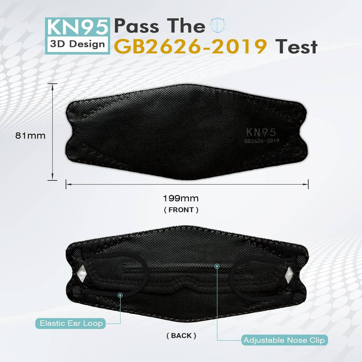 Black KN95 face mask with front and back size measurements and adjustable nose clip