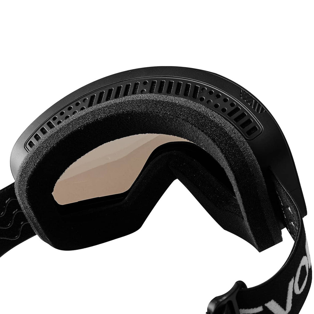 Ski goggles close-up: black foam gasket, vented frame, mirrored lens