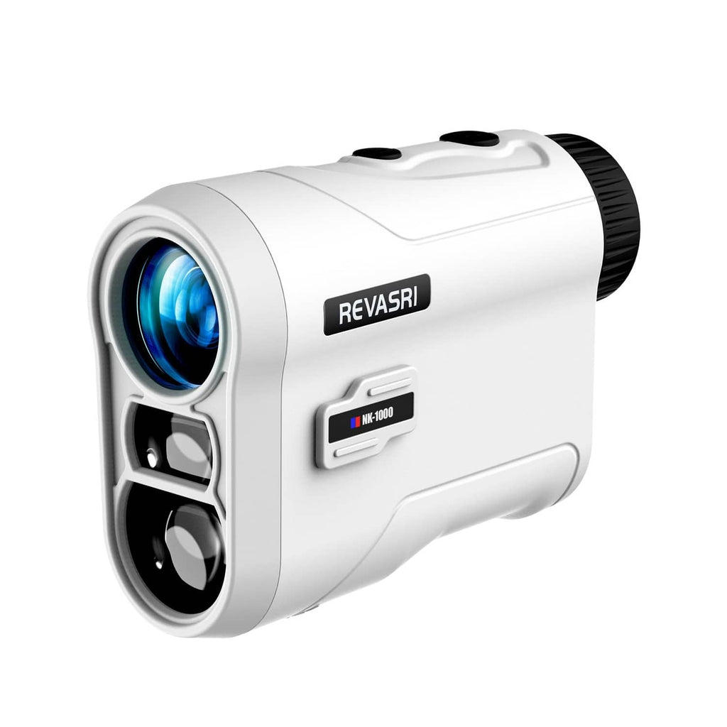 White golf rangefinder with black focus dial and REVASRI logo on the body.