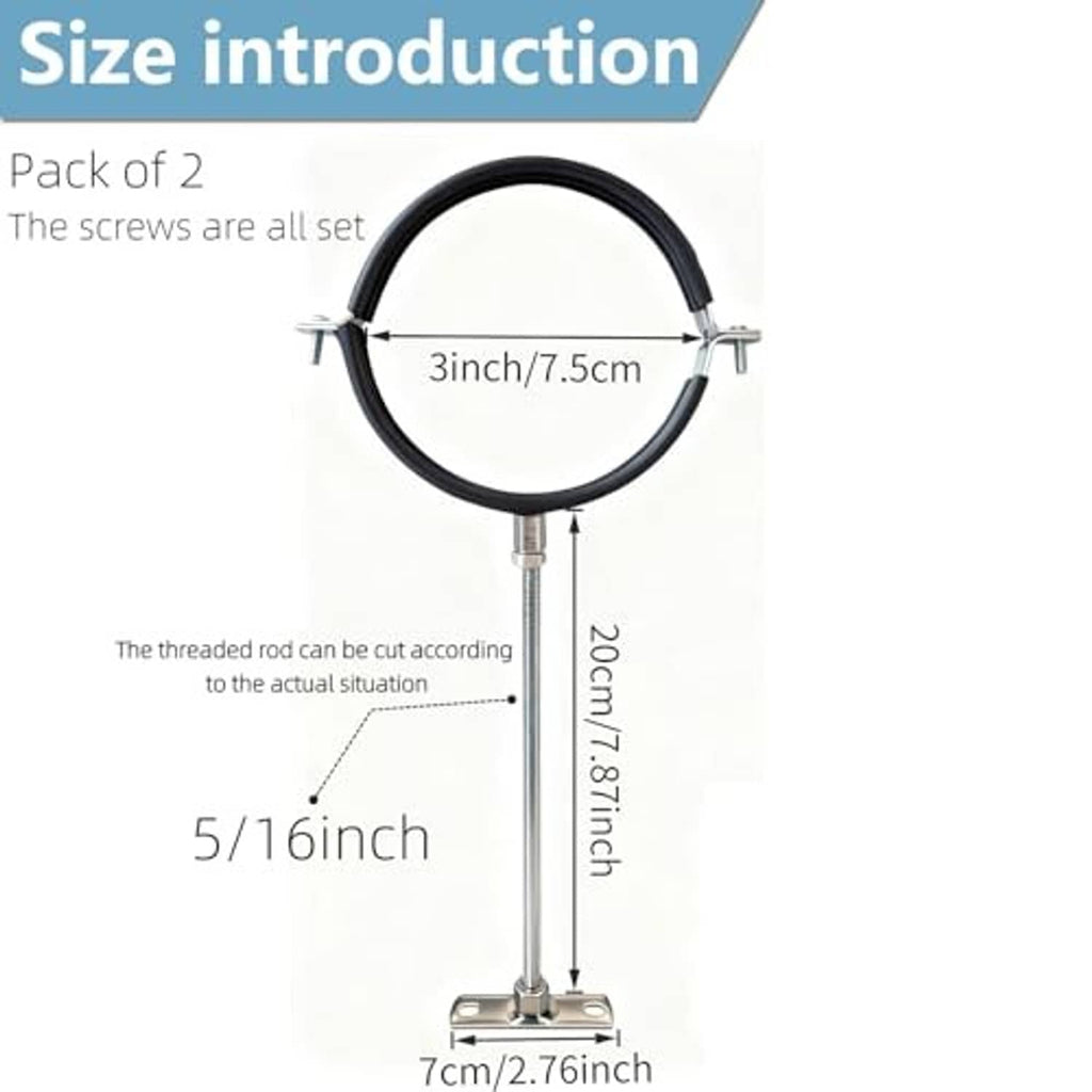 Adjustable pipe hanger strap set with black loop, threaded rod, and flat base plate