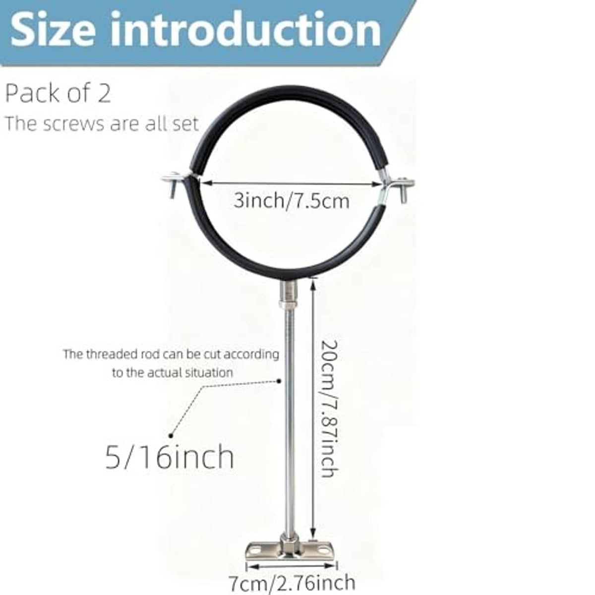 Adjustable pipe hanger strap set with black loop, threaded rod, and flat base plate