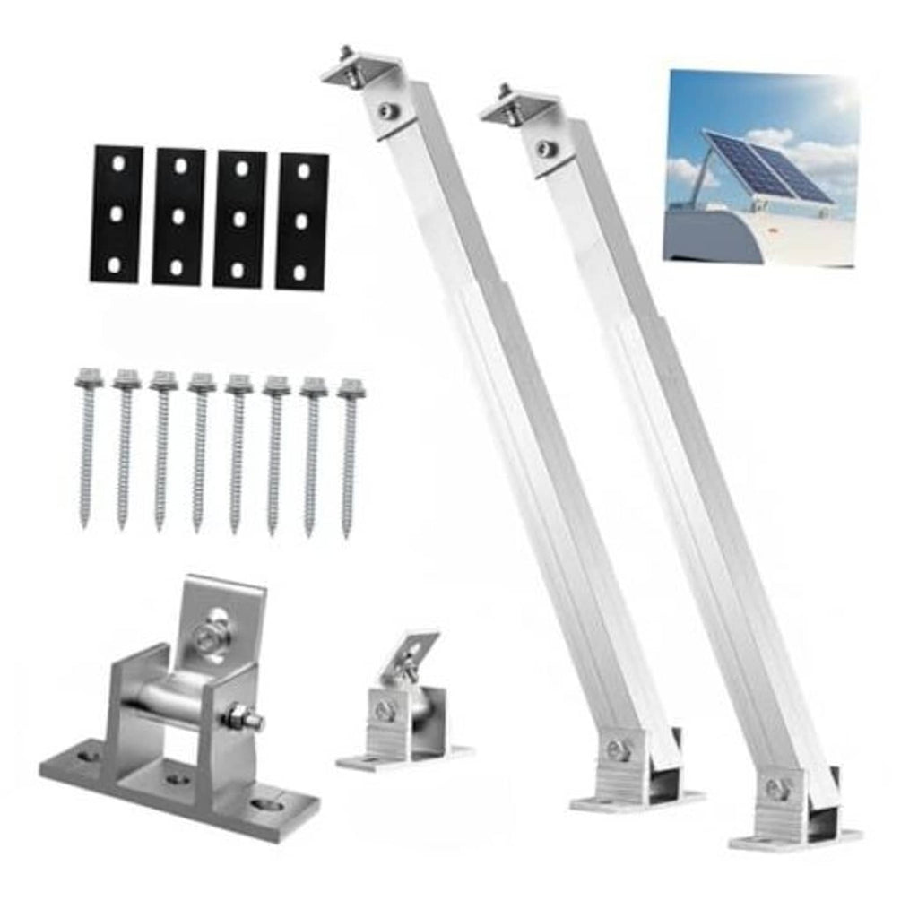 Adjustable solar panel tilt mounting brackets kit with two silver rails, black plates, screws