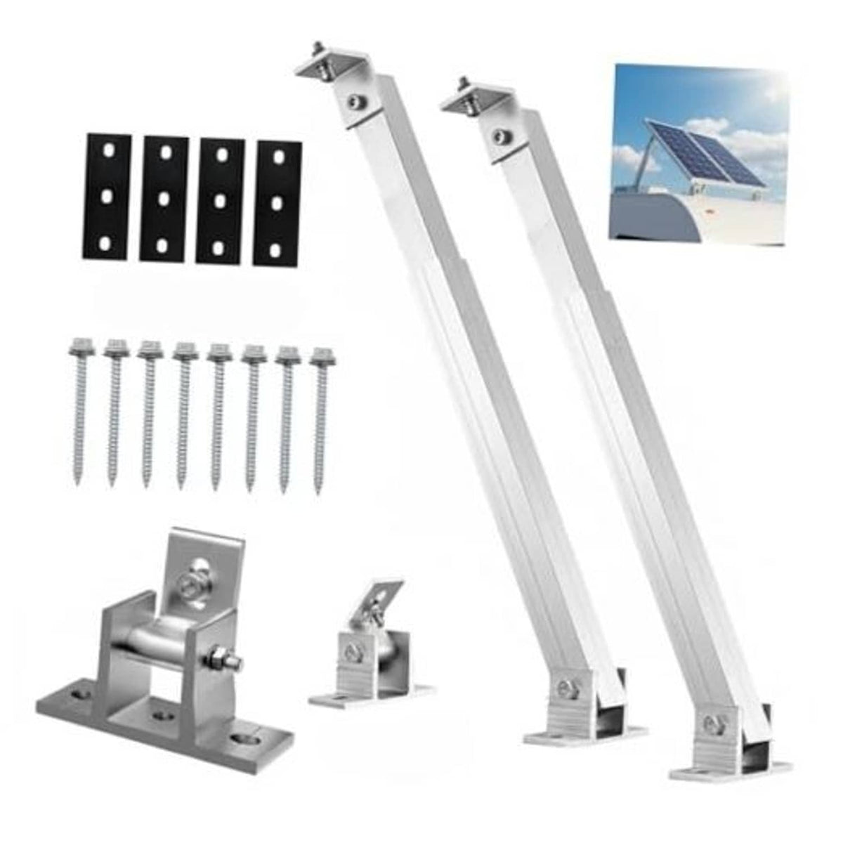 Adjustable solar panel tilt mounting brackets kit with two silver rails, black plates, screws